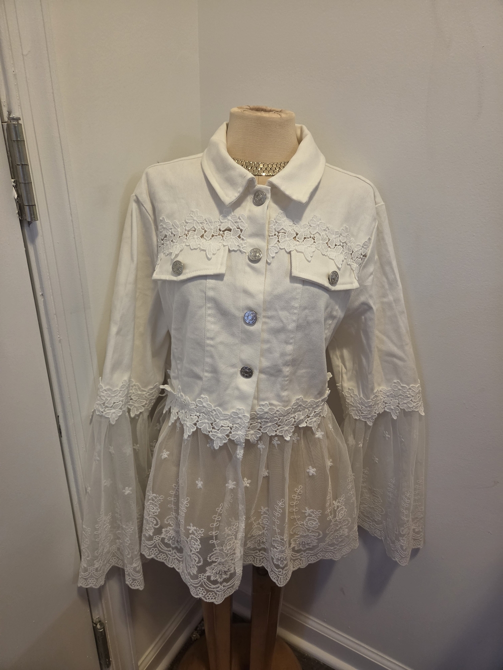 Ivory Lace-Trim Peplum Denim Jacket